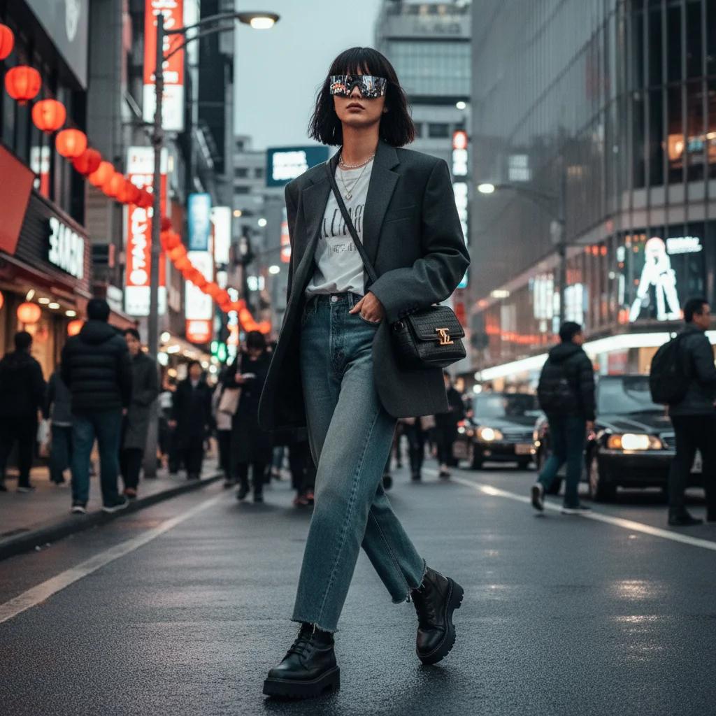 Nana Komatsu's chic street style in a vibrant city, showcasing modern fashion trends.