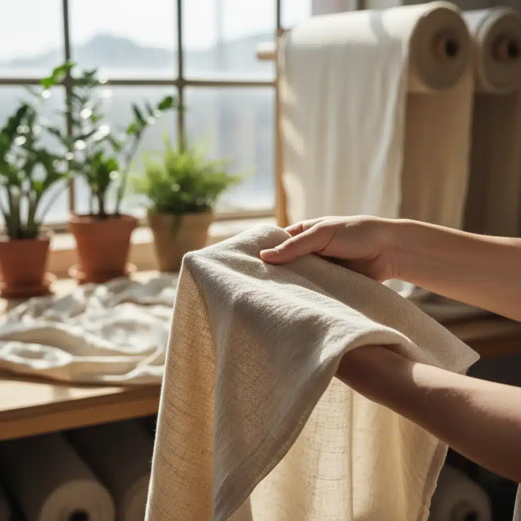 Hands inspecting organic cotton fabric from ethical US supplier