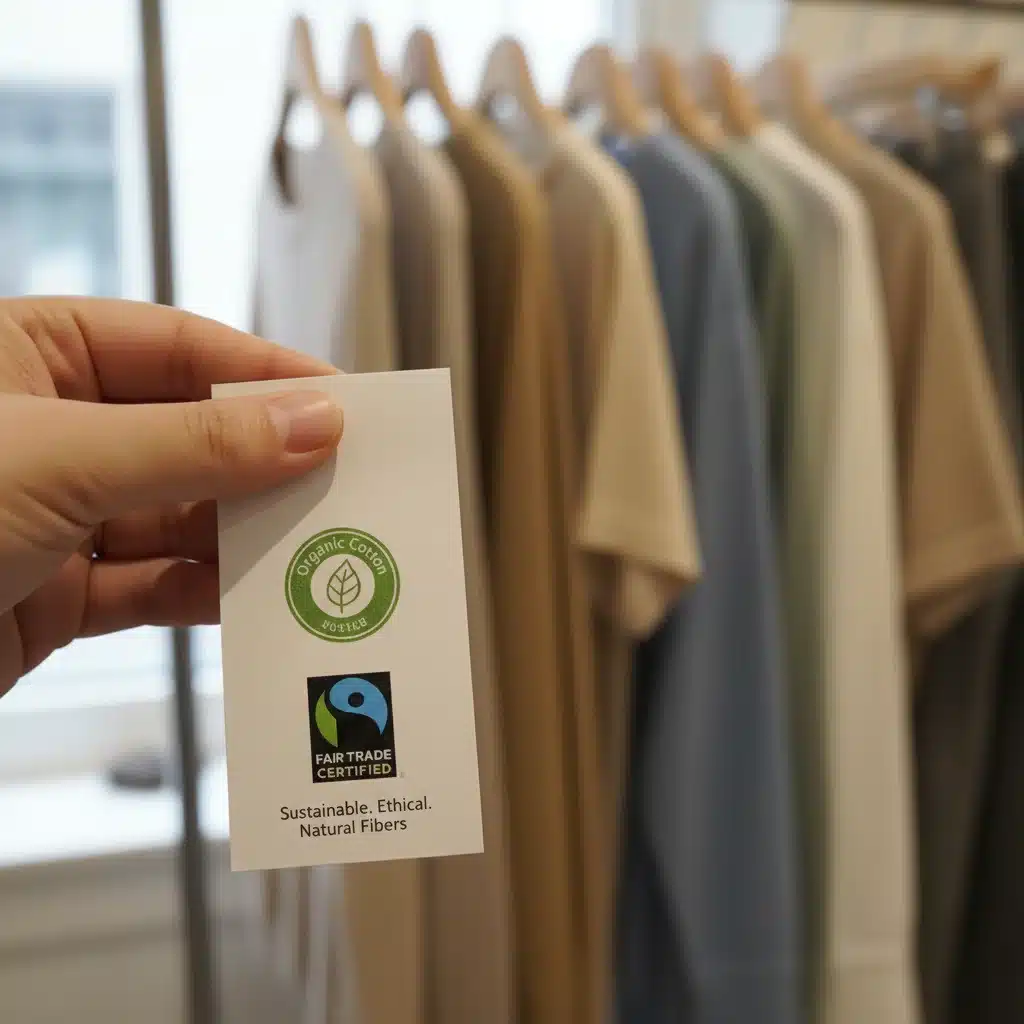Organic cotton and Fair Trade certified clothing tag detail.