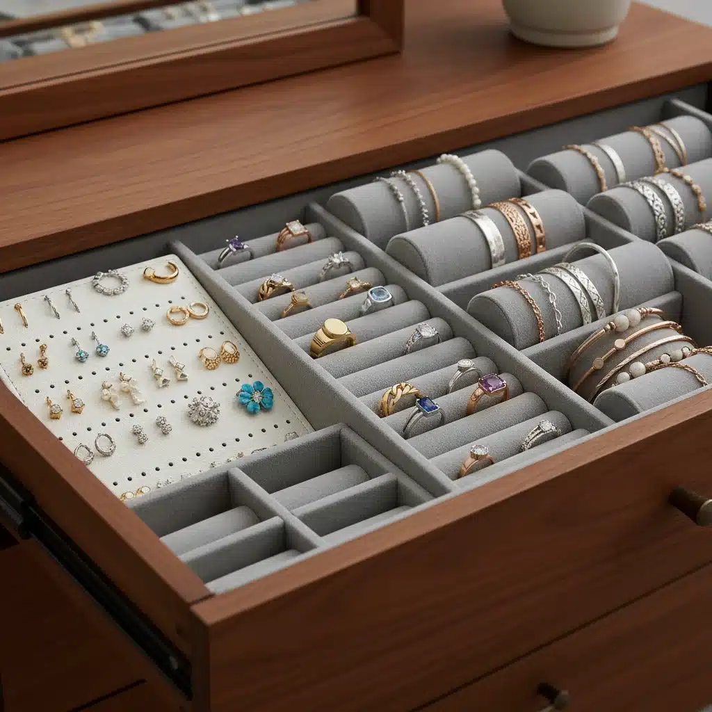 Neatly organized jewelry collection in a drawer, featuring various earrings, rings, and bracelets.