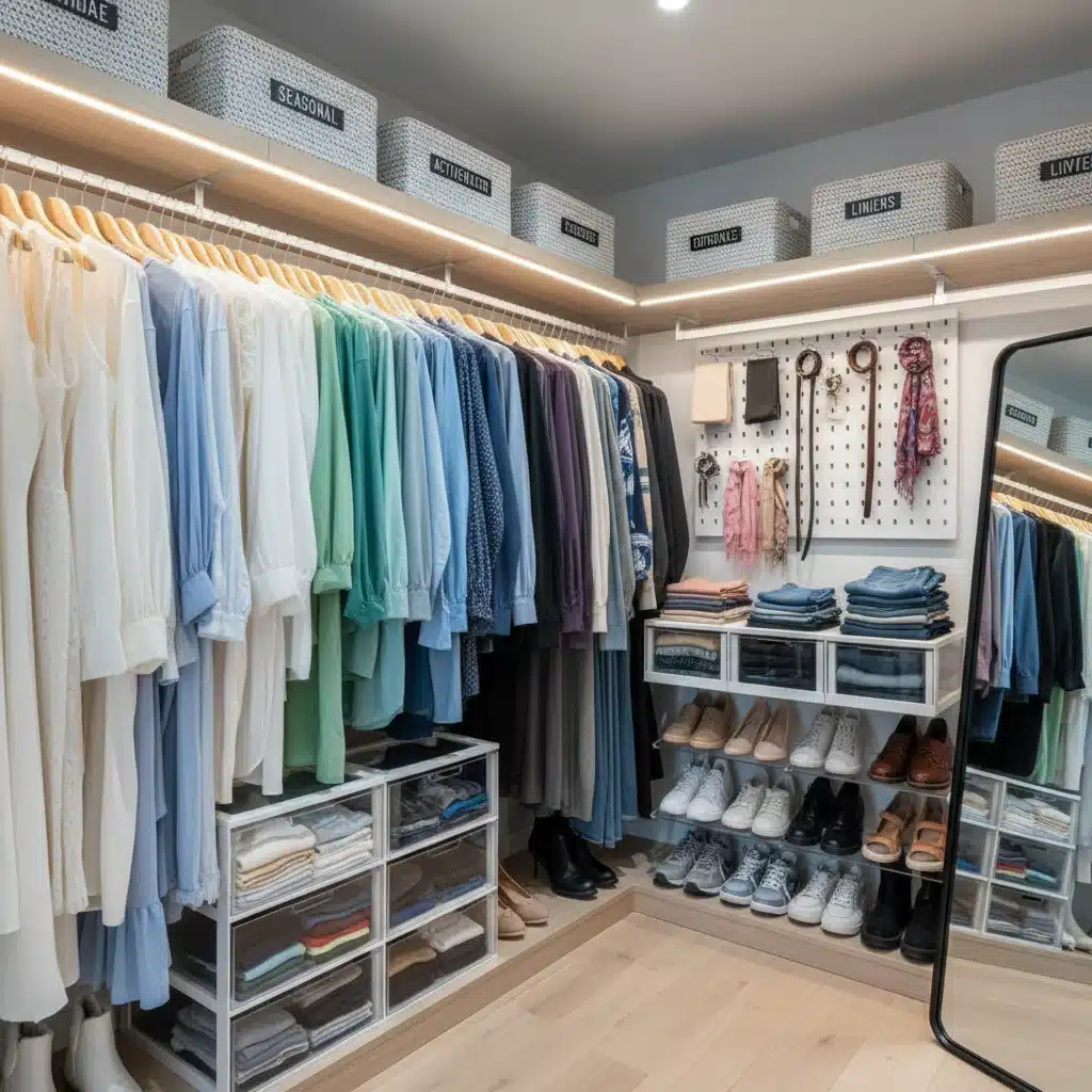 Organized closet with color-coded clothes demonstrating wardrobe efficiency