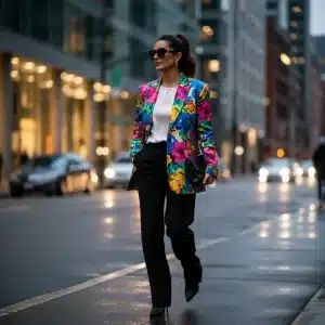 Woman in oversized floral blazer, urban setting