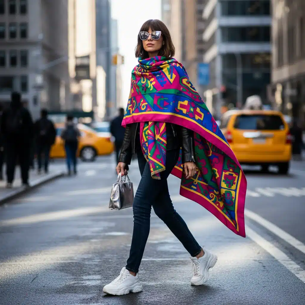 Fashionable person wearing a large patterned scarf as a shawl