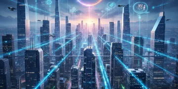 Futuristic cityscape with digital connections symbolizing fan theories influencing a central glowing orb representing 'Parallel Destinies' logo.