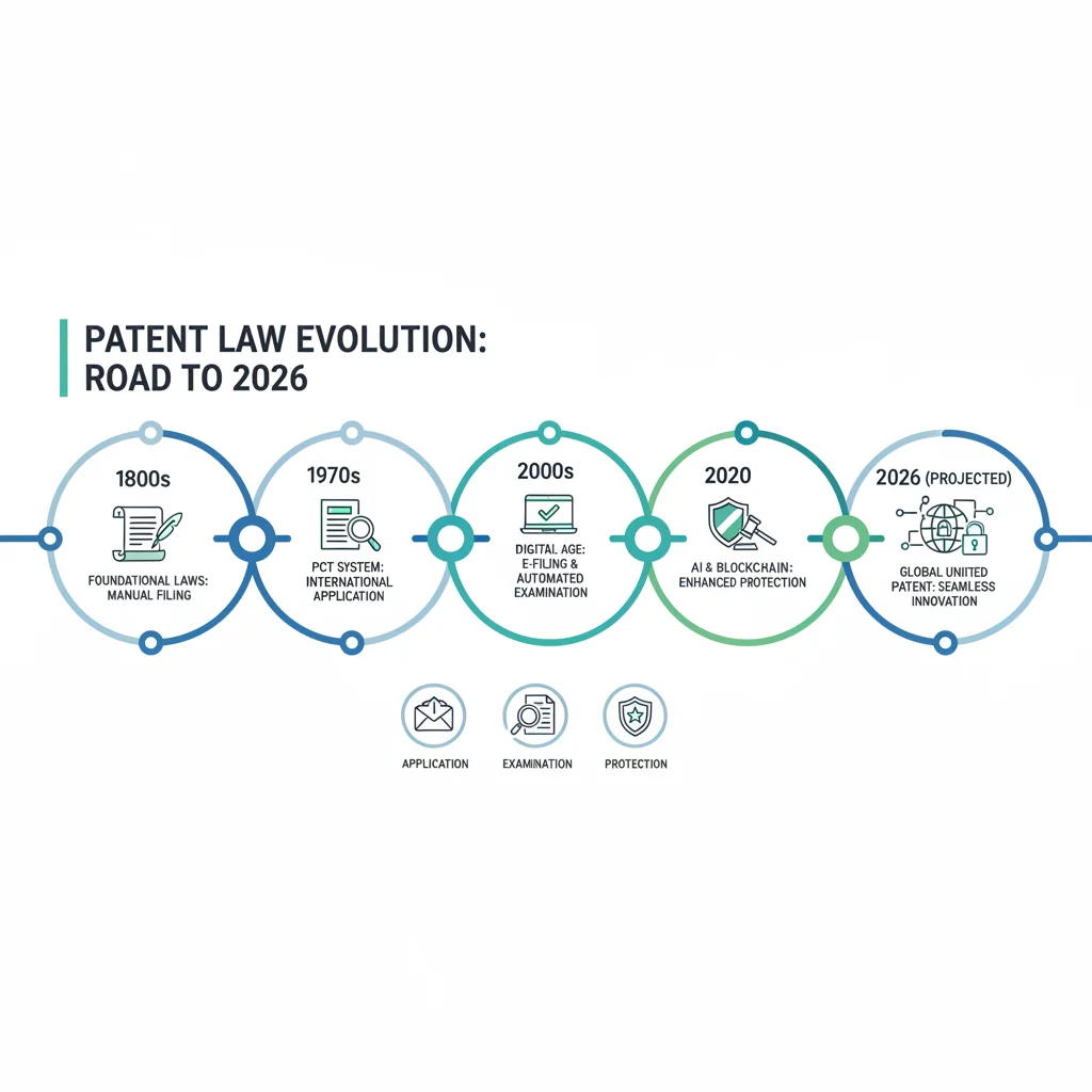 Infographic illustrating the timeline and key phases of US patent law evolution towards 2026.