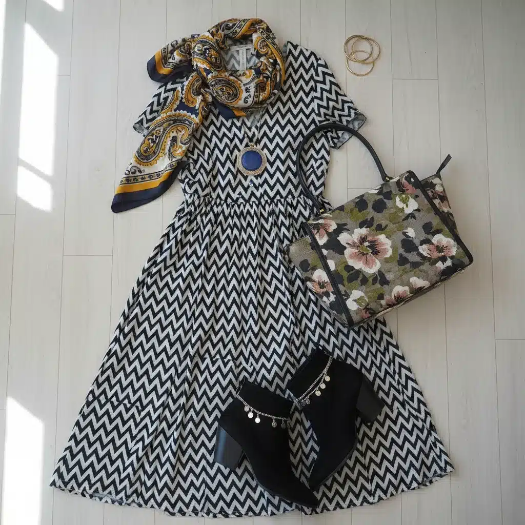 Fashion flat lay showcasing a harmoniously mixed pattern outfit with accessories