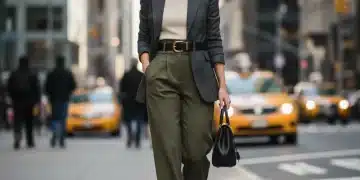 Woman in perfectly proportioned tailored outfit walking in city