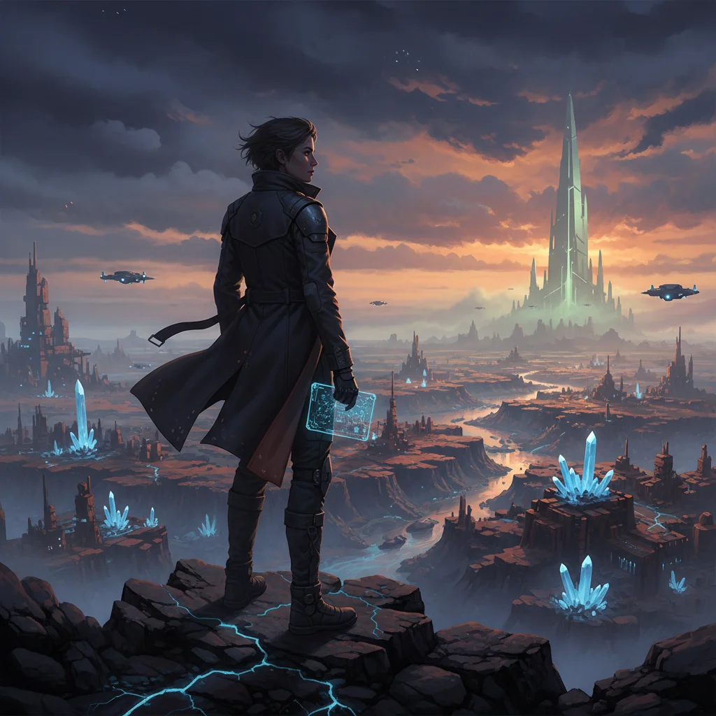 Lone figure contemplating vast landscape, symbolizing personal discovery and moral ambiguity in drama.