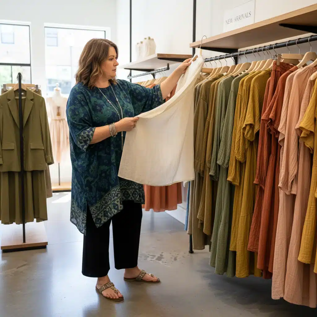 Plus-size woman examining fabric texture on clothing rack in boutique.