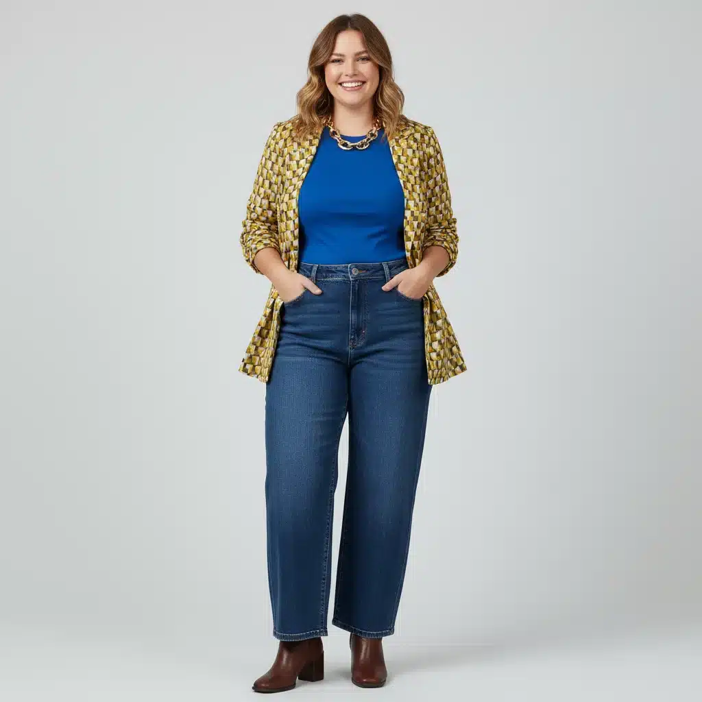 Plus-size woman confidently wearing high-waisted jeans and a fitted top with blazer.