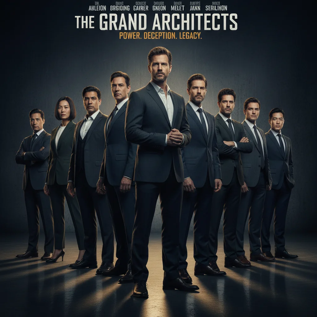 Diverse cast of actors in dramatic poses for a political thriller, conveying intrigue.