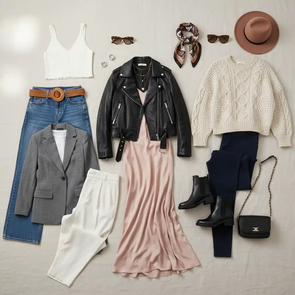 Fashion flat lay demonstrating proportional clothing pairings
