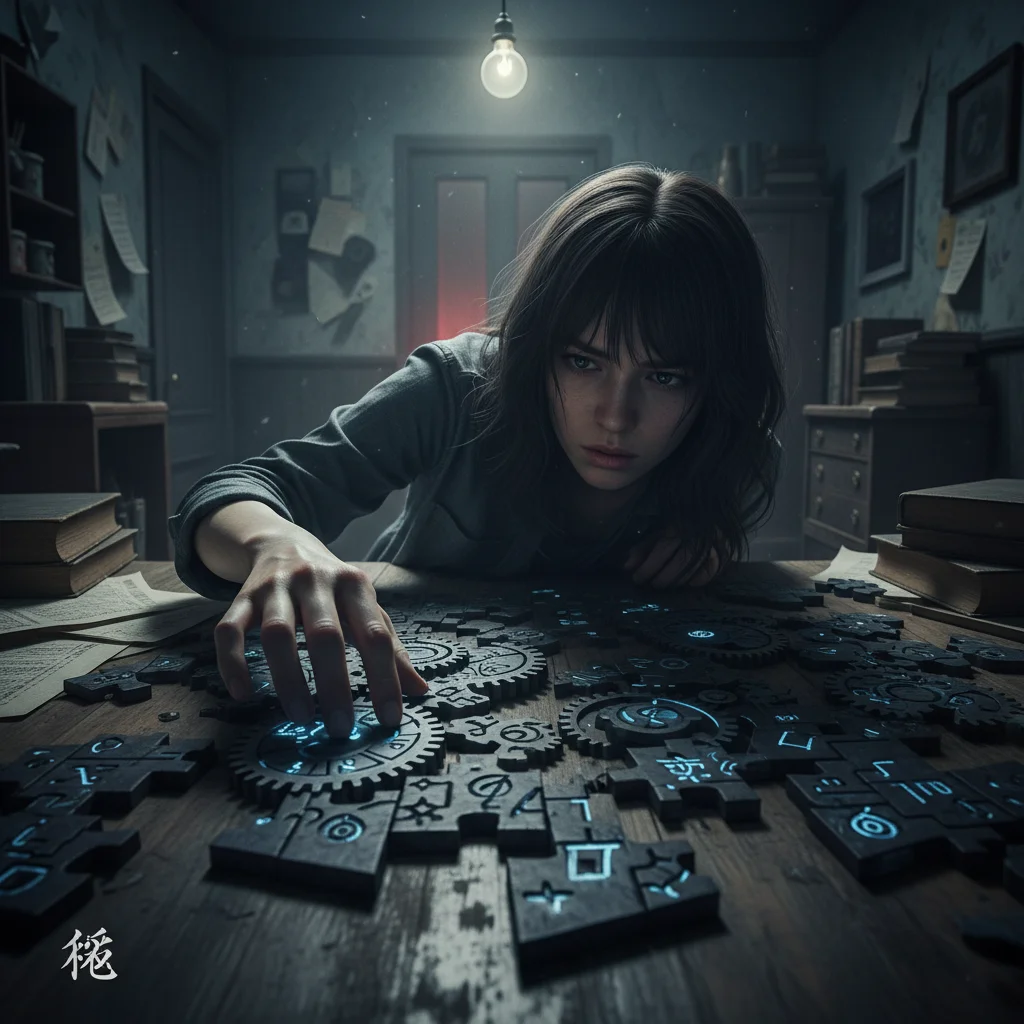 Intense scene from a psychological thriller J-Drama, a character focused on solving a mystery.