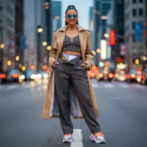 Woman in reinvented classic trench coat with modern accessories