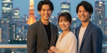 Three promising young dorama stars, two men and one woman, with Tokyo skyline behind them, symbolizing their burgeoning careers.