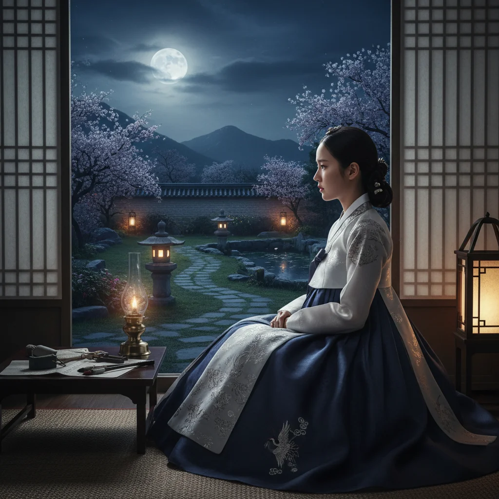 Pensive character looking out at a moonlit garden in 'Royal Betrayal' Dorama.