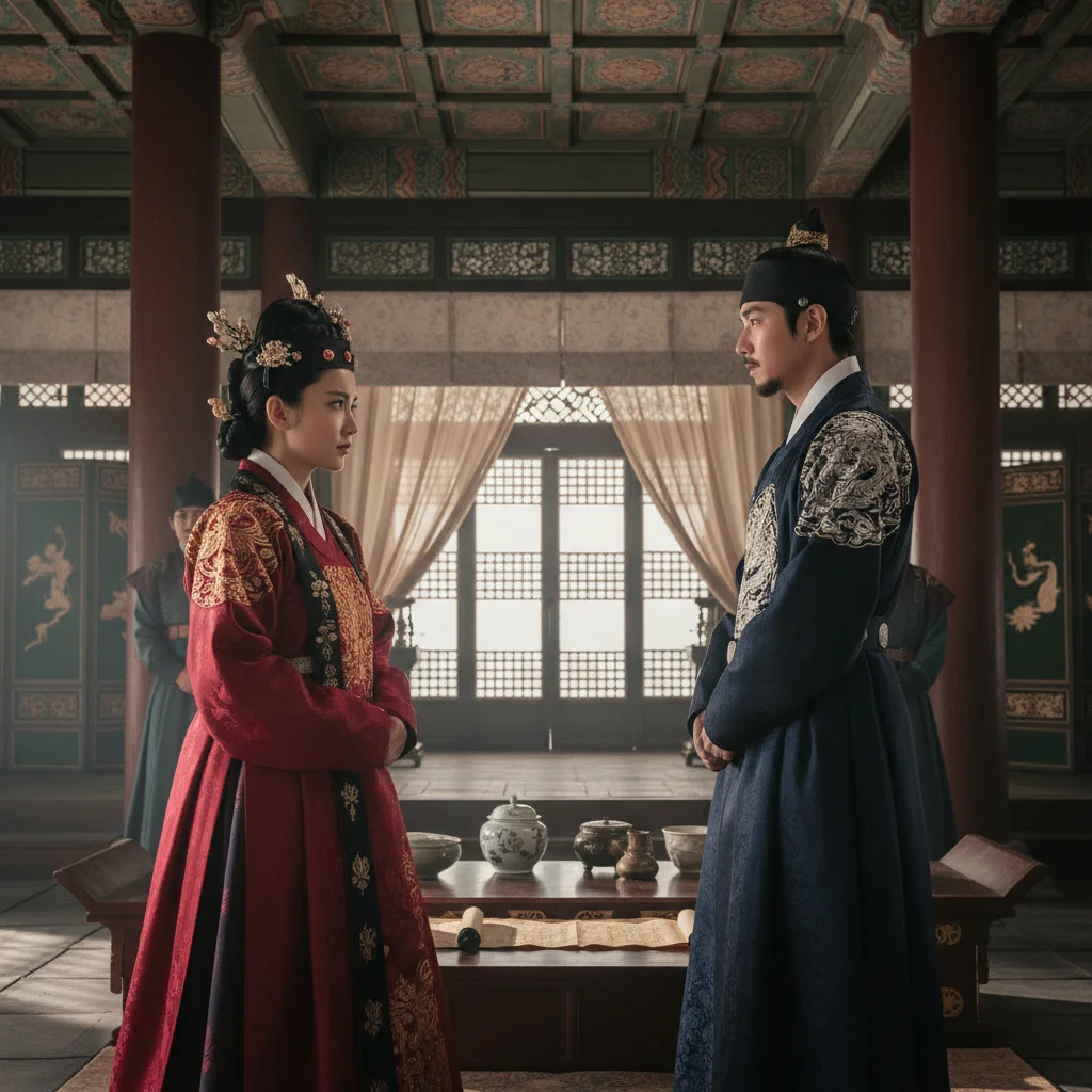 Tense confrontation scene in 'Royal Betrayal' Dorama between two characters in a grand palace.
