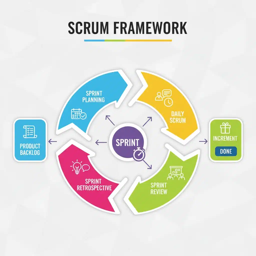 Scrum framework infographic with sprint planning, daily scrum, review, retrospective