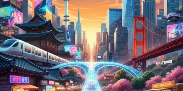 Dynamic collage of Seoul and U.S. cityscapes symbolizing cultural fusion in K-Drama.