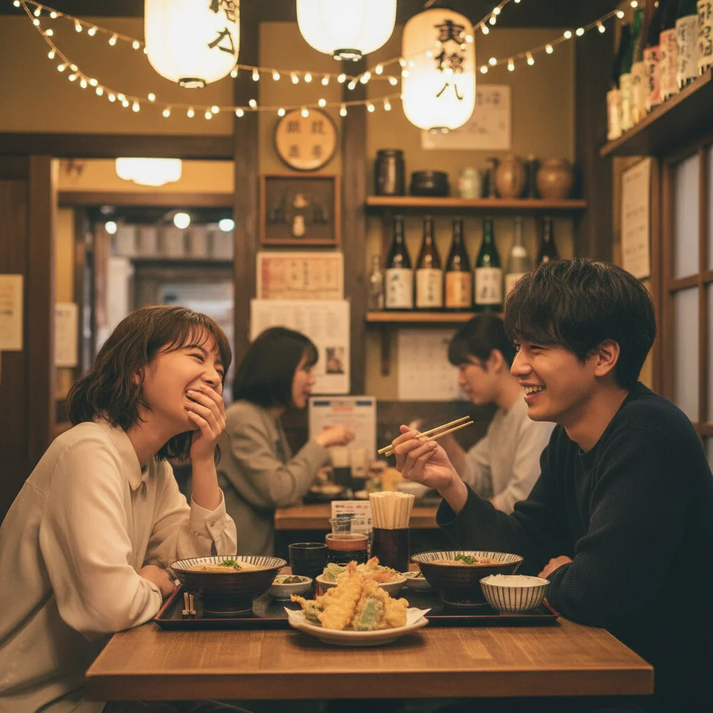 Cozy scene from a slice-of-life J-Drama, two people enjoying a meal and conversation.