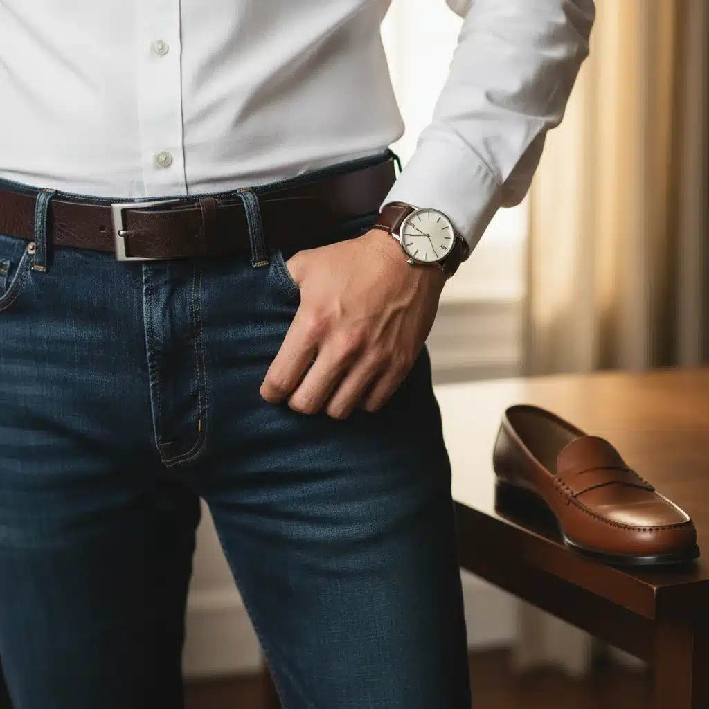 Detailed view of smart casual essentials: shirt, jeans, belt, and loafers