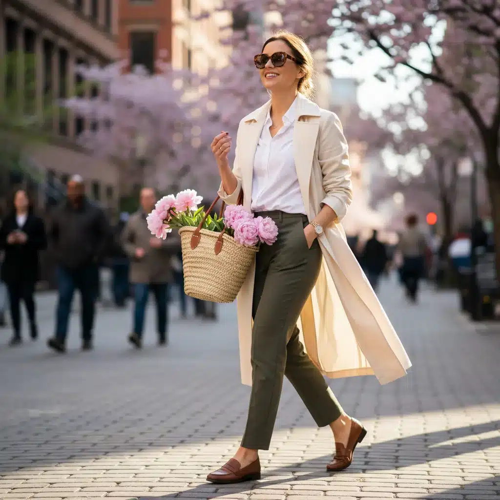 Woman in smart casual spring outfit walking in city