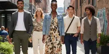 Diverse individuals in modern smart casual outfits in a bustling city setting