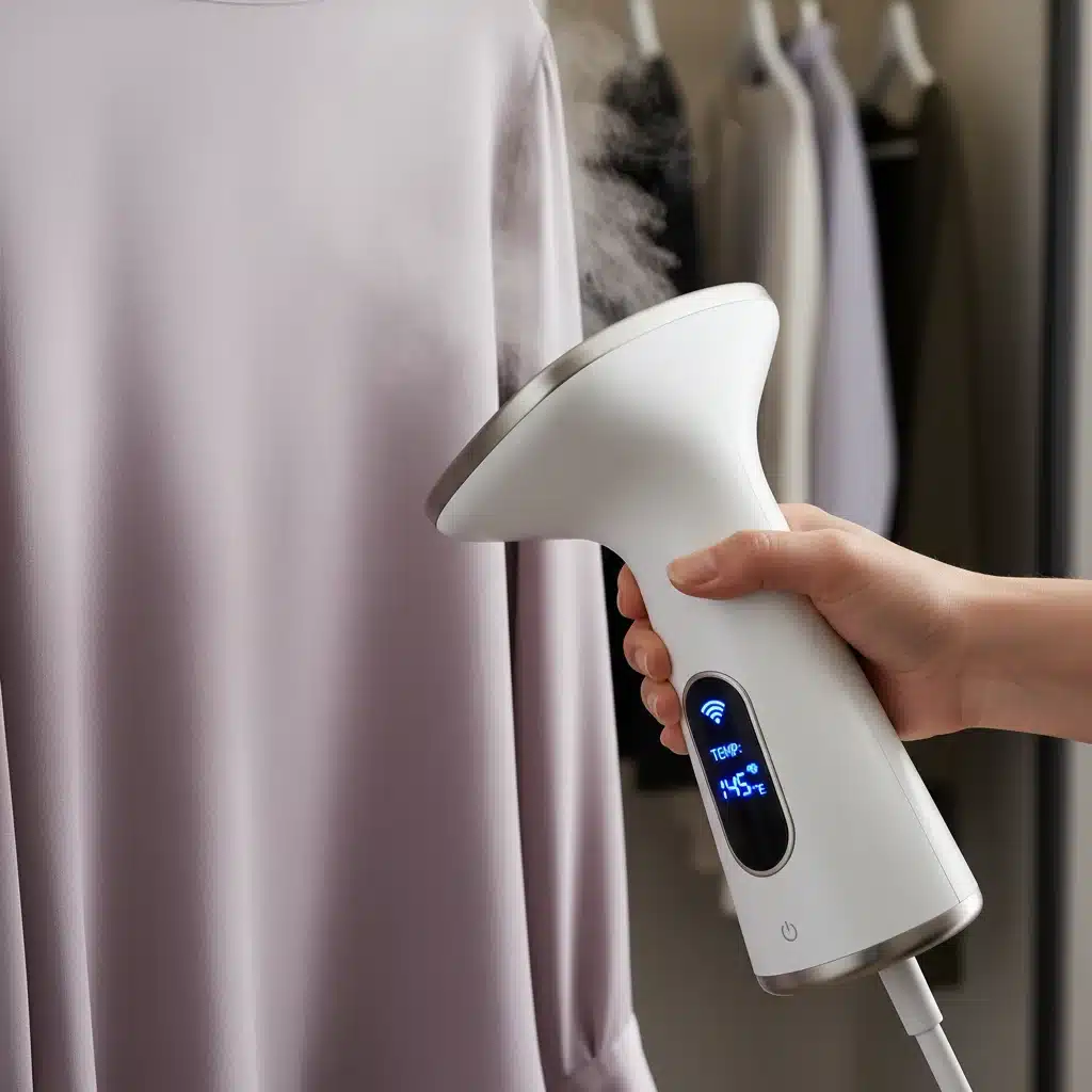 Hand using smart portable fabric steamer on silk blouse