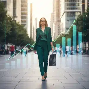 Woman confidently walking, showcasing smart fashion choices and budget-friendly shopping