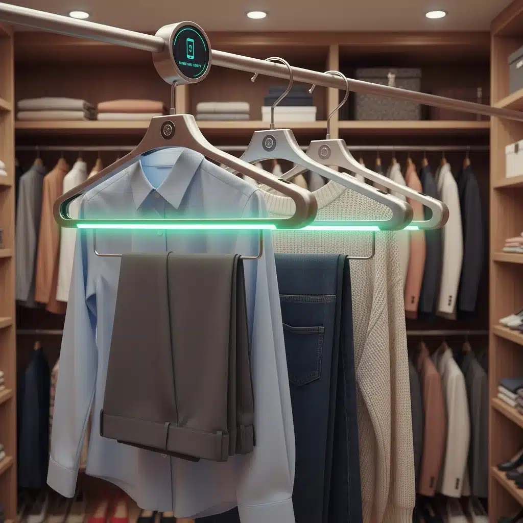 Smart hangers with LED indicators in an organized closet