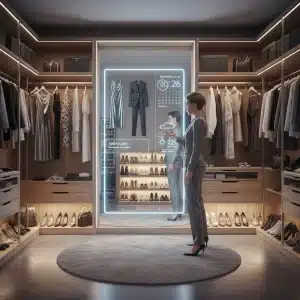 Person using smart mirror for outfit planning in futuristic wardrobe