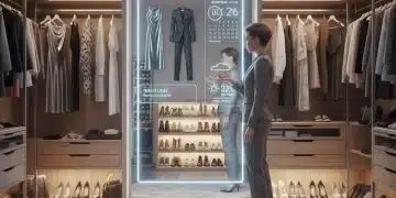 Person using smart mirror for outfit planning in futuristic wardrobe