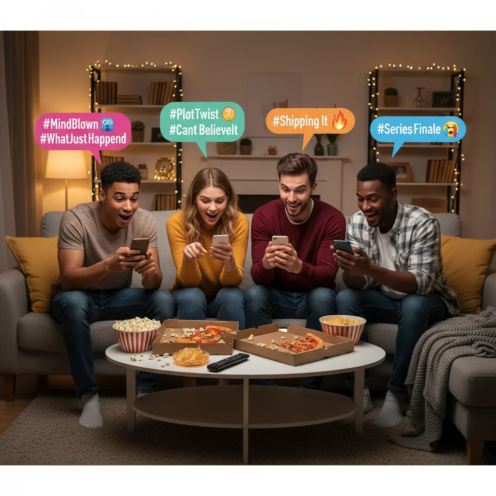 Friends discussing trending dramas on social media with phones and tablets