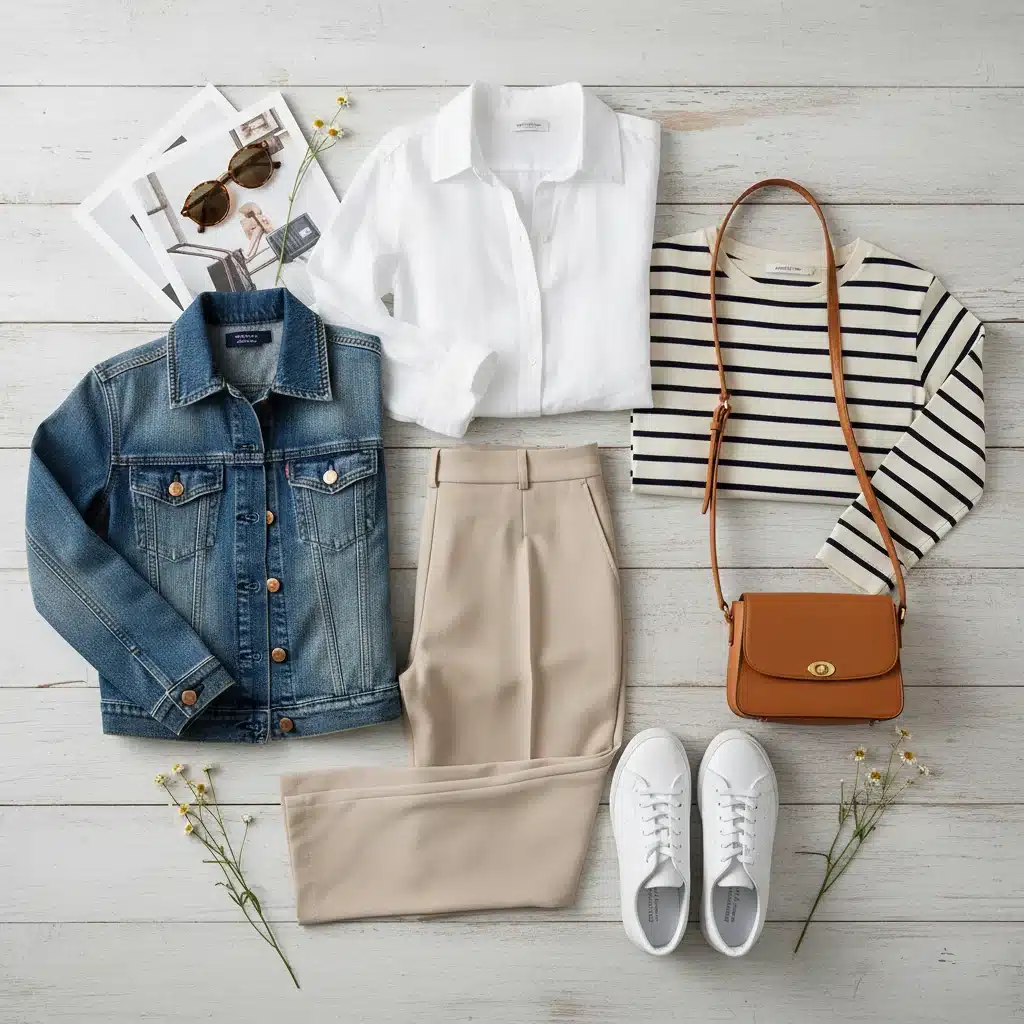 Flat lay of essential spring capsule wardrobe items