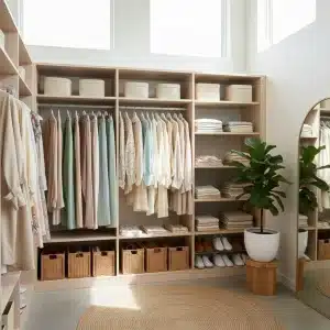 Organized Spring 2026 capsule wardrobe with pastel clothes and natural light