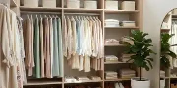 Organized Spring 2026 capsule wardrobe with pastel clothes and natural light