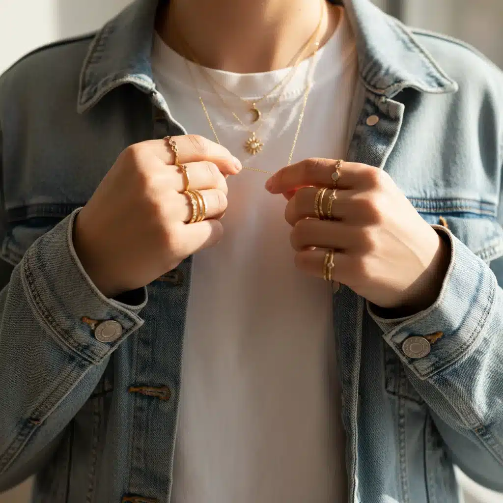 Hands accessorizing a spring outfit with delicate jewelry