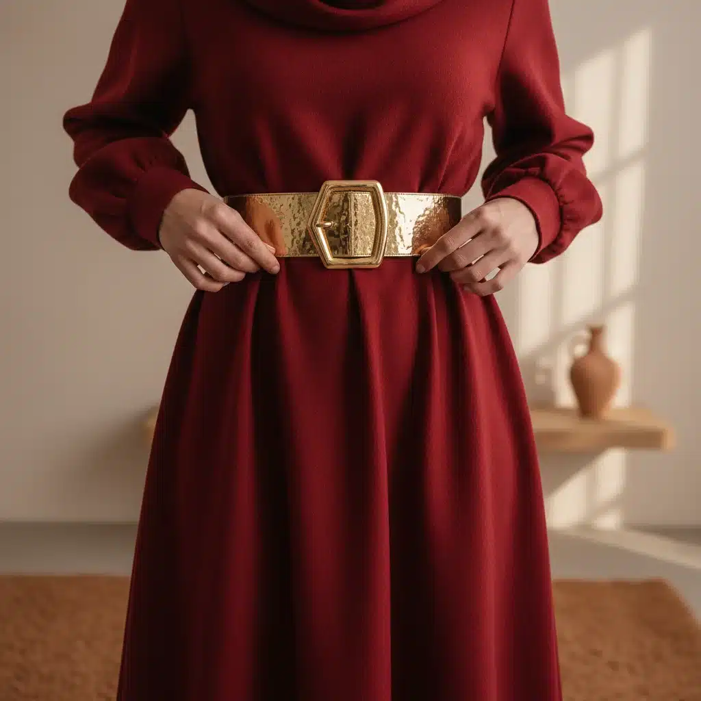 Hands adjusting a statement belt over a winter dress