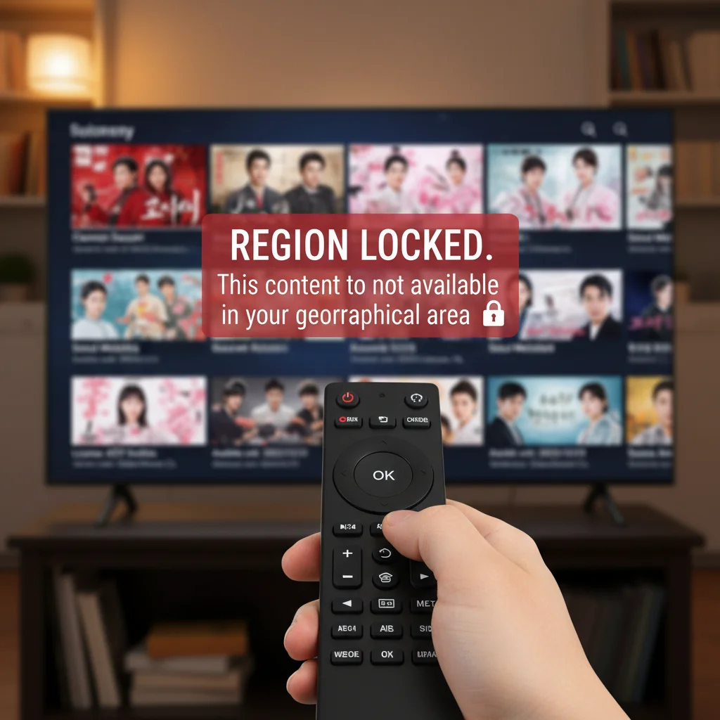 Hand holding remote control, navigating streaming platform with region-locked dorama content.
