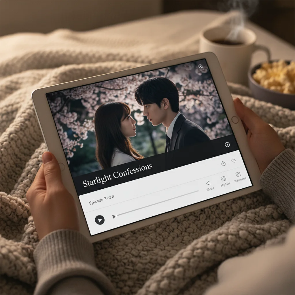 Tablet displaying short dorama series on streaming platform, indicating binge-watching.