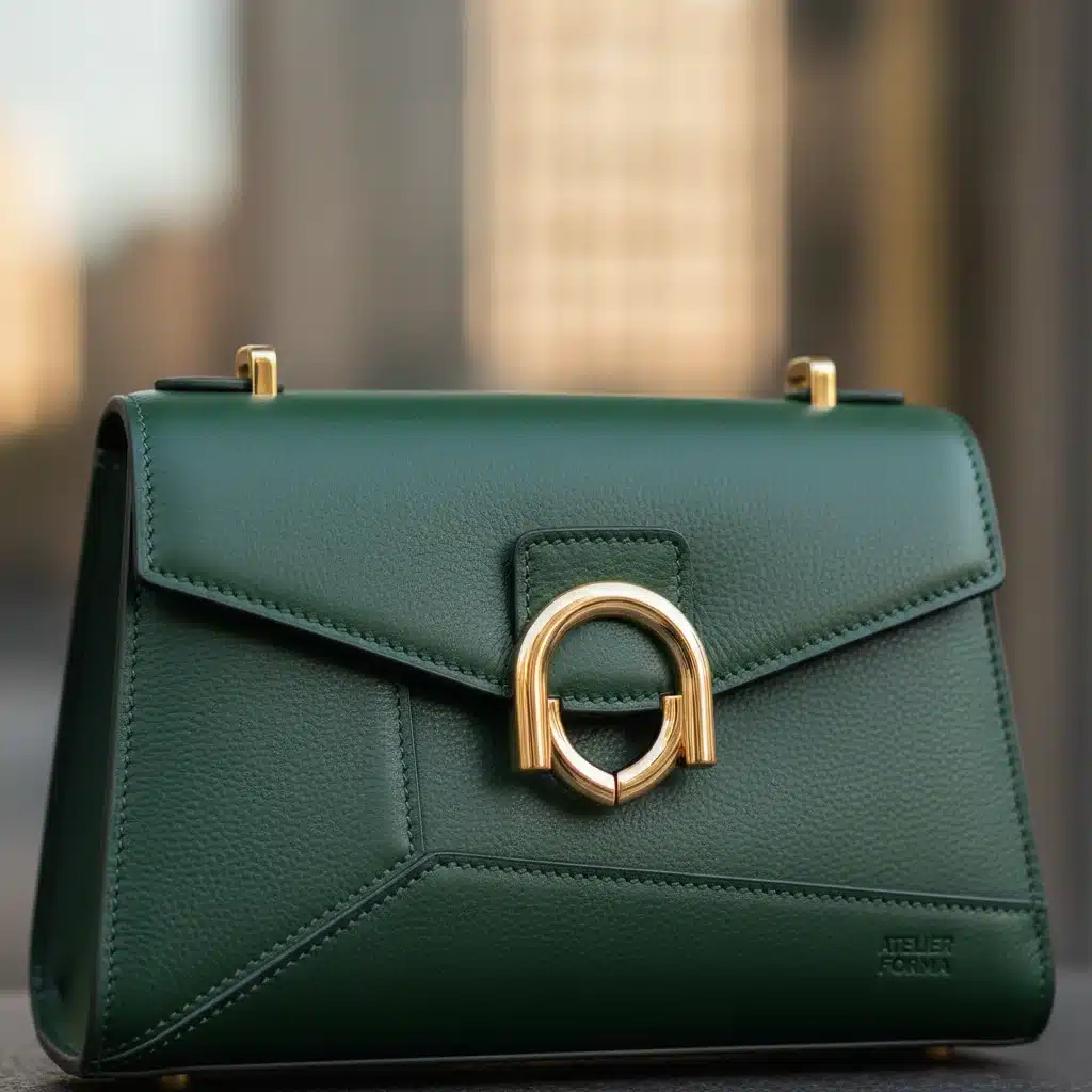 Detailed view of a structured leather handbag by an emerging designer, highlighting its unique architectural features and elegant clasp.
