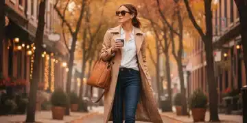 Woman in stylish fall capsule wardrobe walking on autumn street