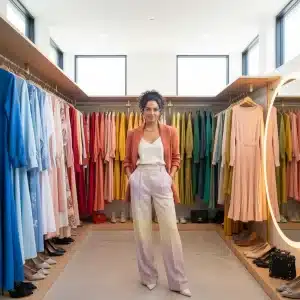Stylish woman in modern closet, showcasing color harmony in fashion