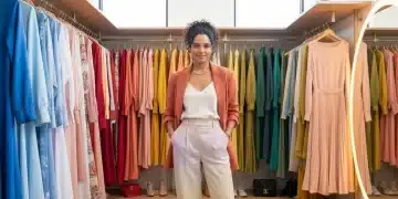 Stylish woman in modern closet, showcasing color harmony in fashion