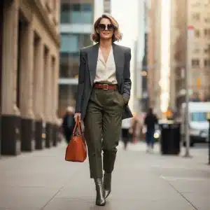 Stylish woman with cohesive personal style walking confidently in urban setting