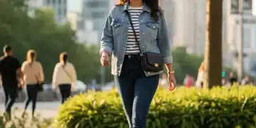 Stylish woman in versatile weekend outfit walking in a park