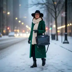 Stylish woman in layered winter outfit walking city street