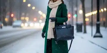 Stylish woman in layered winter outfit walking city street