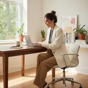 Woman in stylish work-from-home outfit boosting productivity