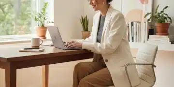 Woman in stylish work-from-home outfit boosting productivity